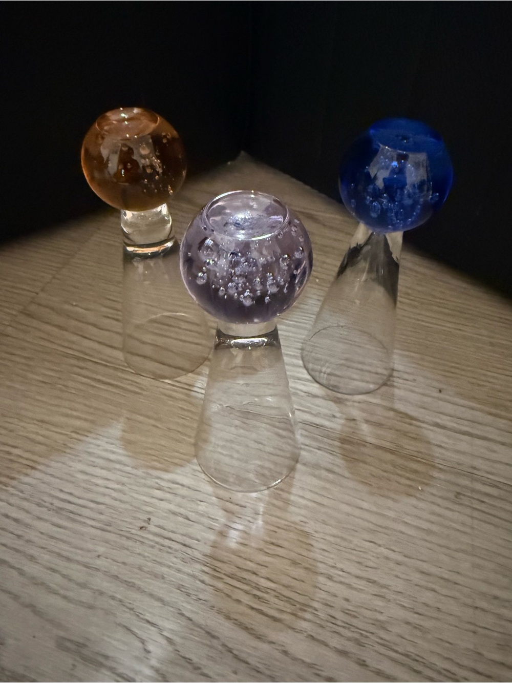 VTG Set Of 3 Bubble Ball Bottom Base Shot Glasses Blue Brown And pink  4.5"